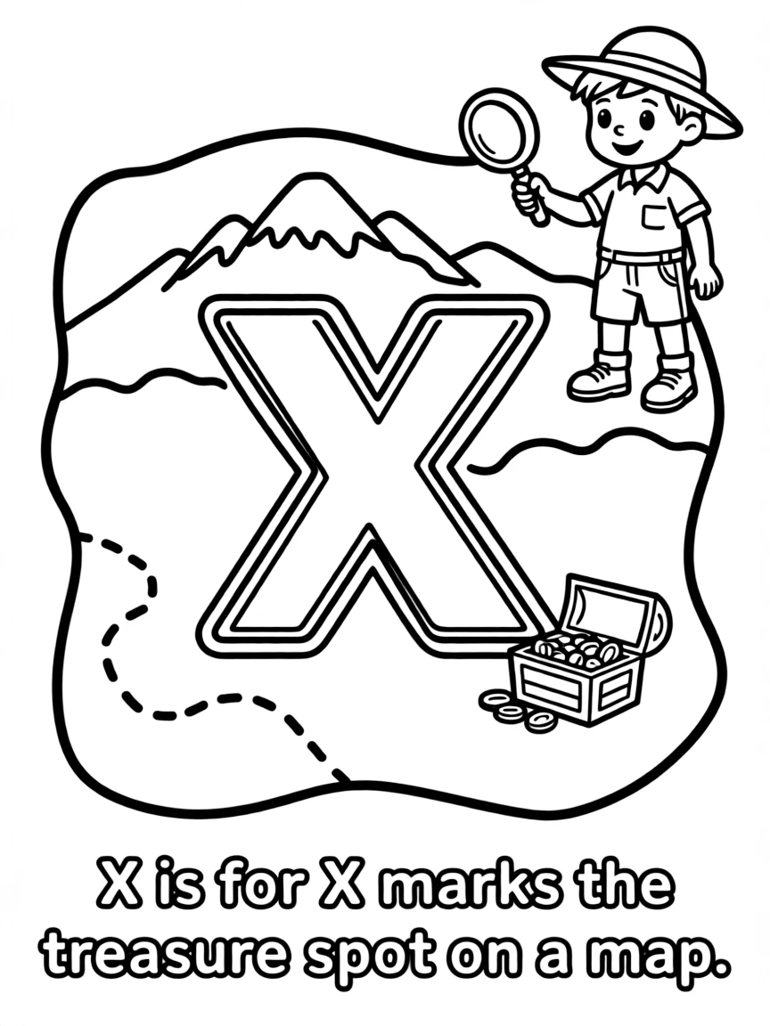 (letter card) X is for X marks the treasure spot on a map