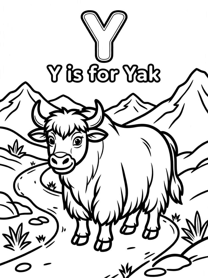 (letter card) Y is for Yak standing on a mountain path