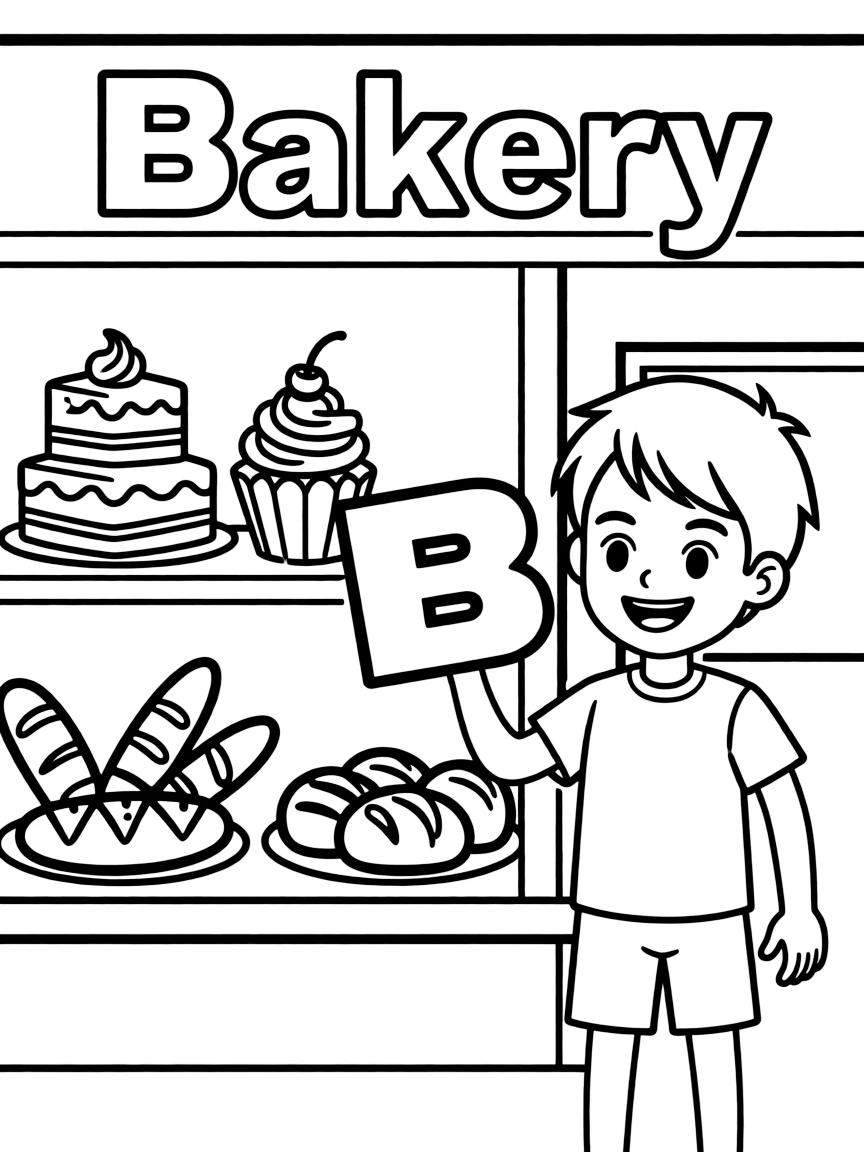 (letter card) B is for Bakery with cakes and bread