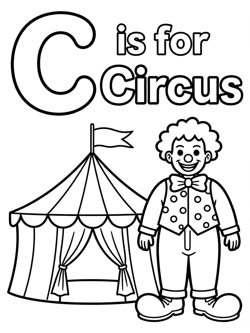 (letter card) C is for Circus with a clown and tent