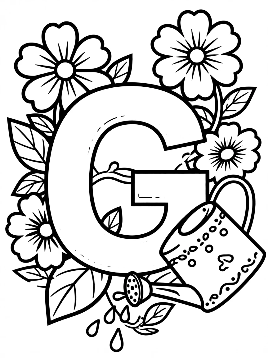 (letter card) G is for Garden with flowers and a watering can