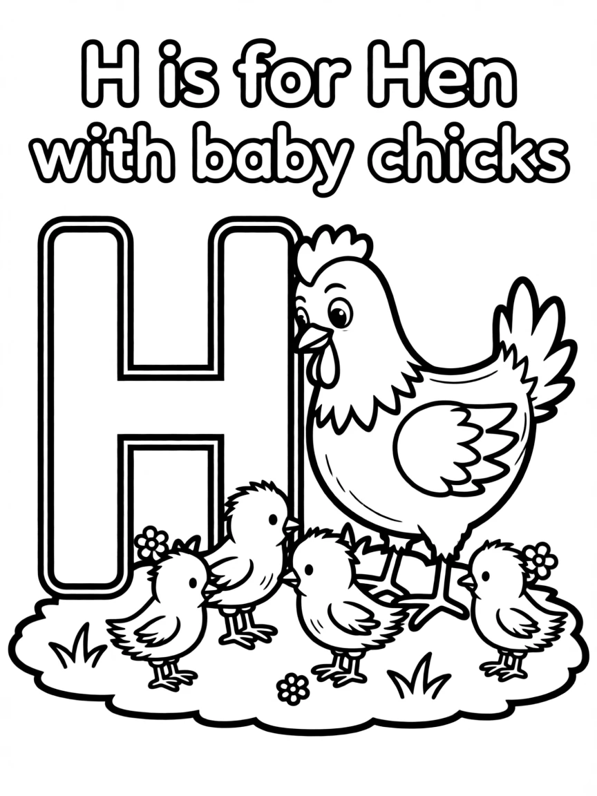 (letter card) H is for Hen with baby chicks