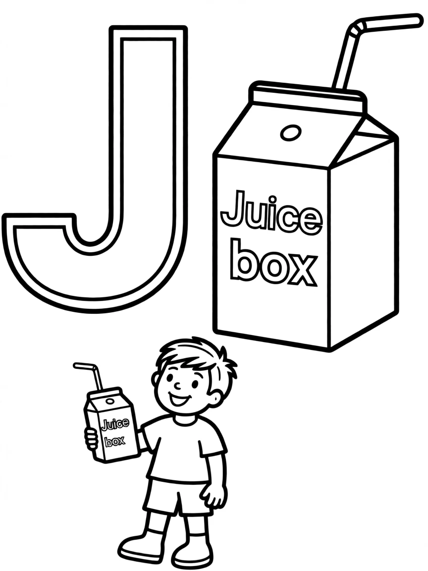 (letter card) J is for Juice box with a straw