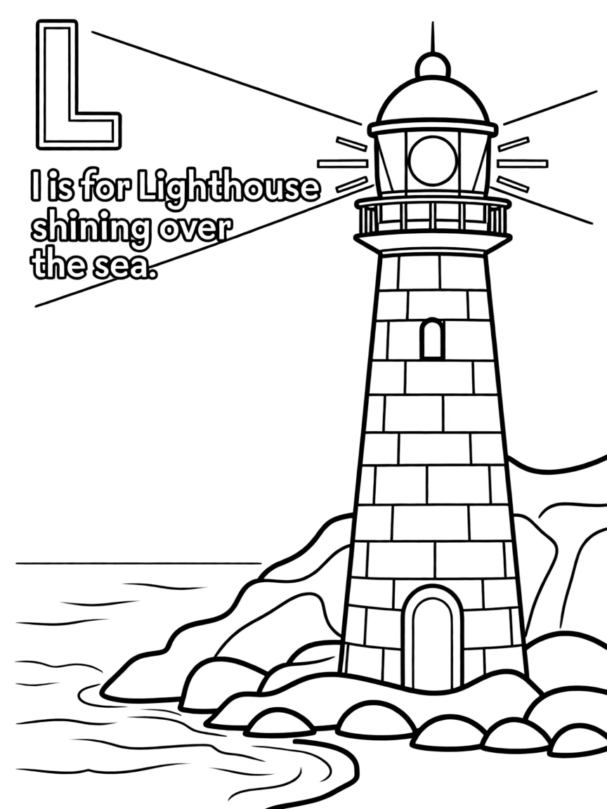 (letter card) L is for Lighthouse shining over the sea