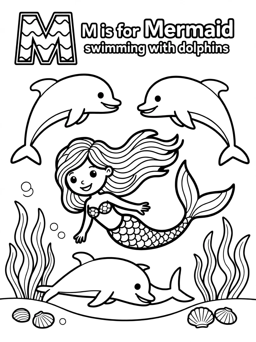 (letter card) M is for Mermaid swimming with dolphins