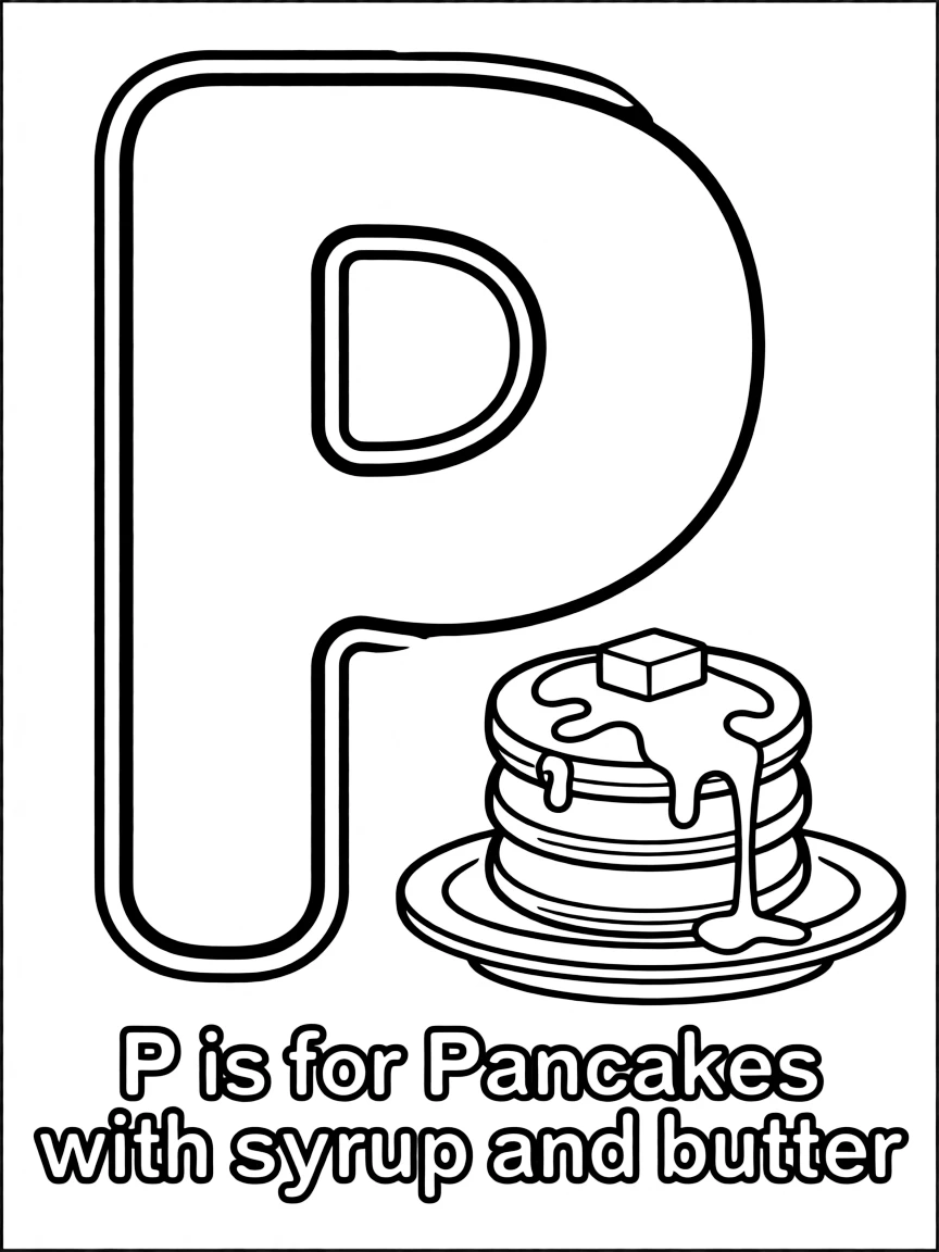 (letter card) P is for Pancakes with syrup and butter