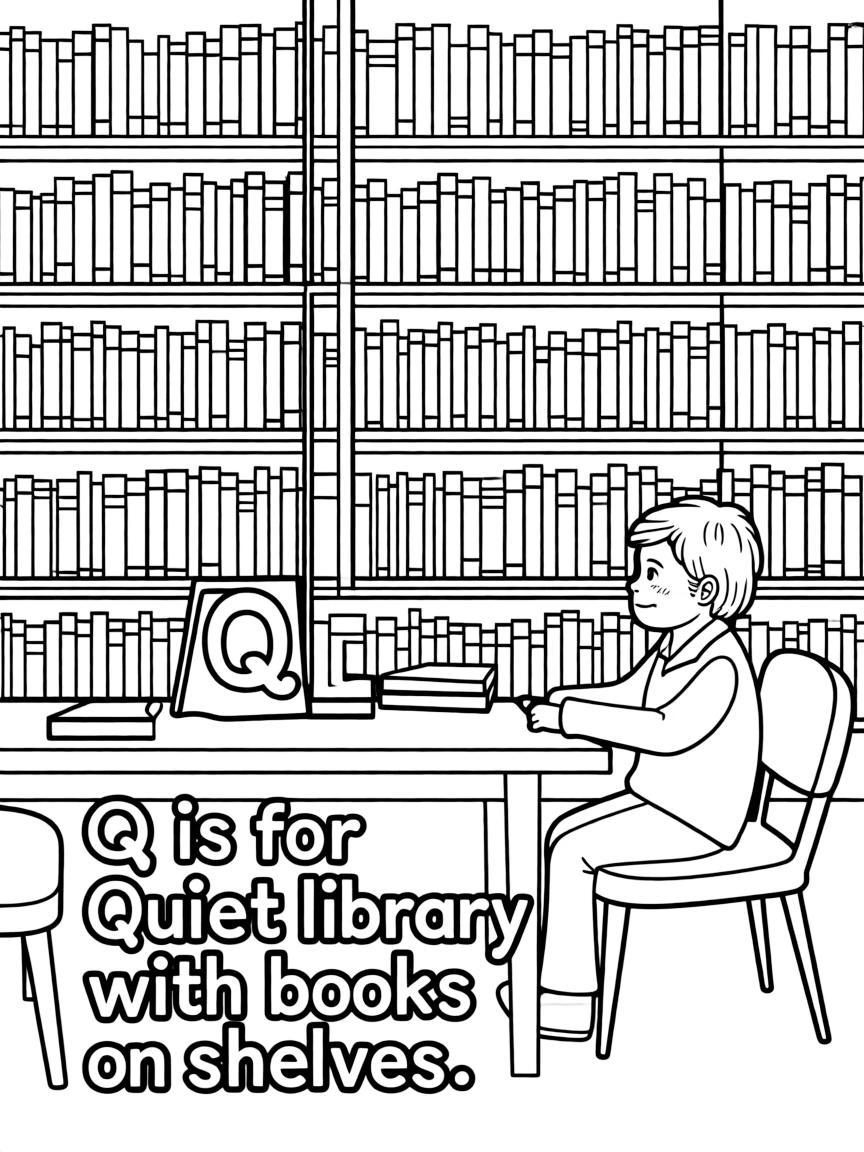 (letter card) Q is for Quiet library with books on shelves