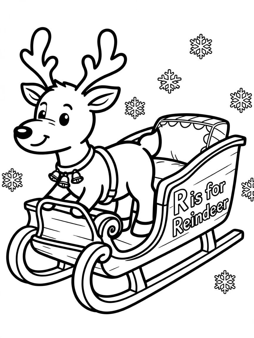 (letter card) R is for Reindeer pulling a sleigh