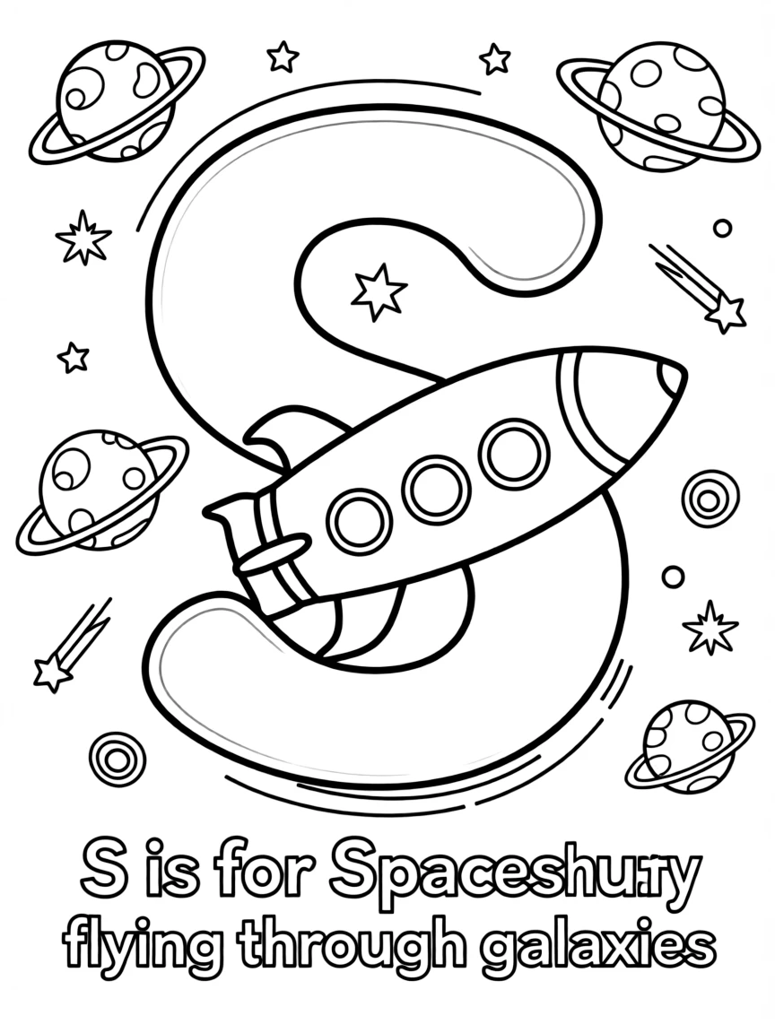 (letter card) S is for Spaceship flying through galaxies
