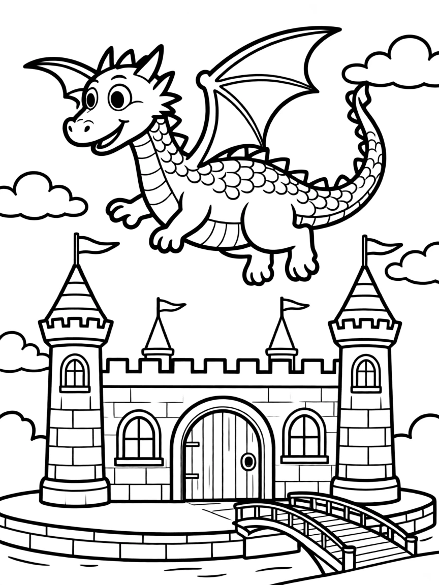 A friendly dragon flying over a castle.