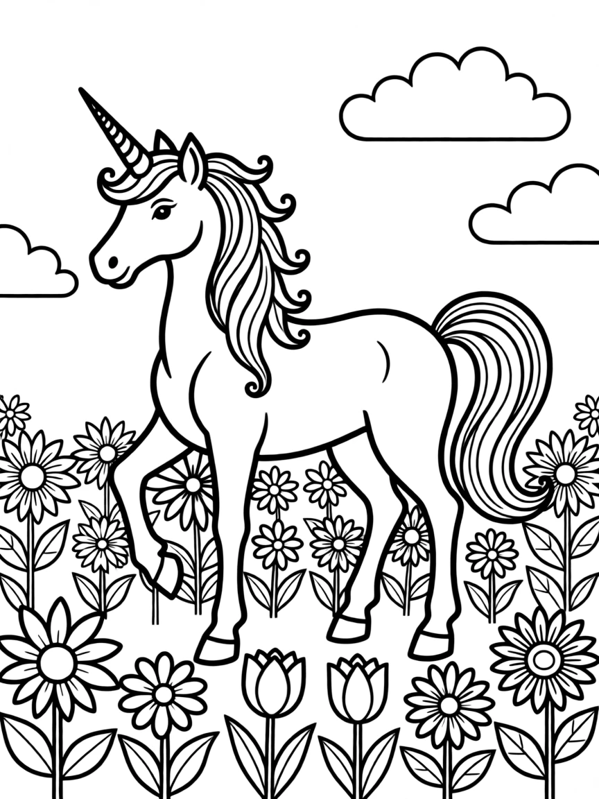 A magical unicorn in a field of flowers.