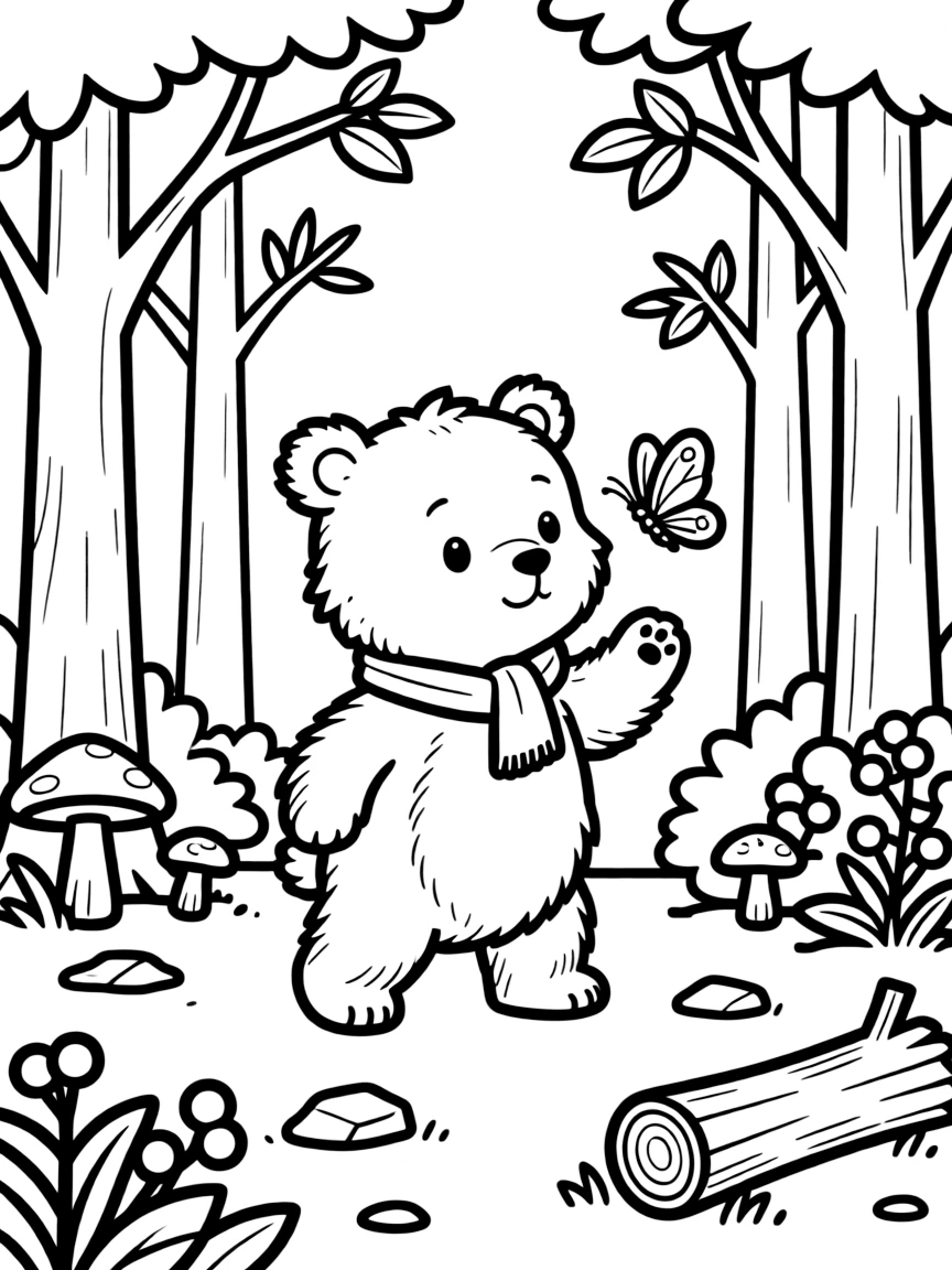 A curious little bear exploring a forest.