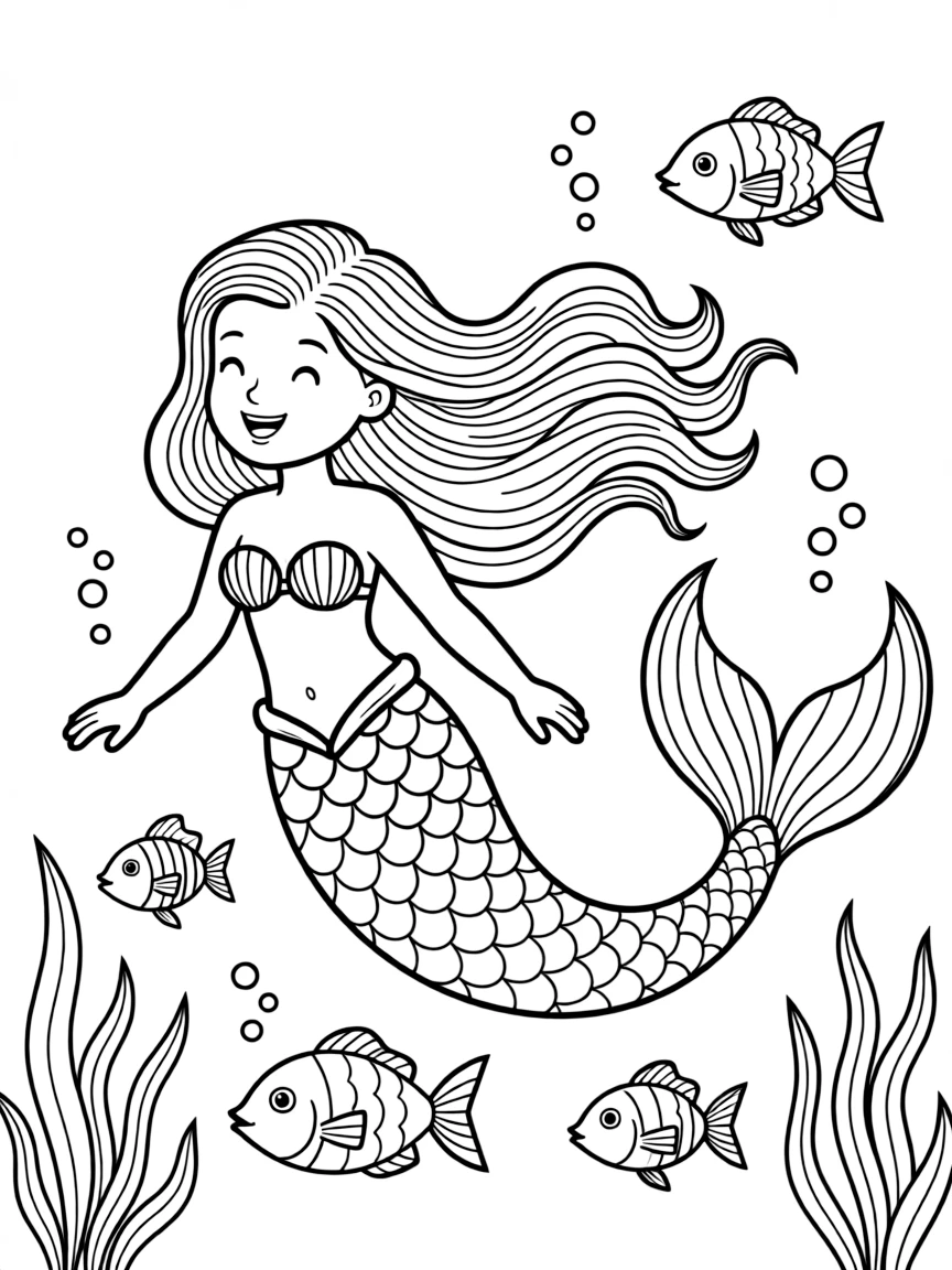 A playful mermaid swimming with fish.