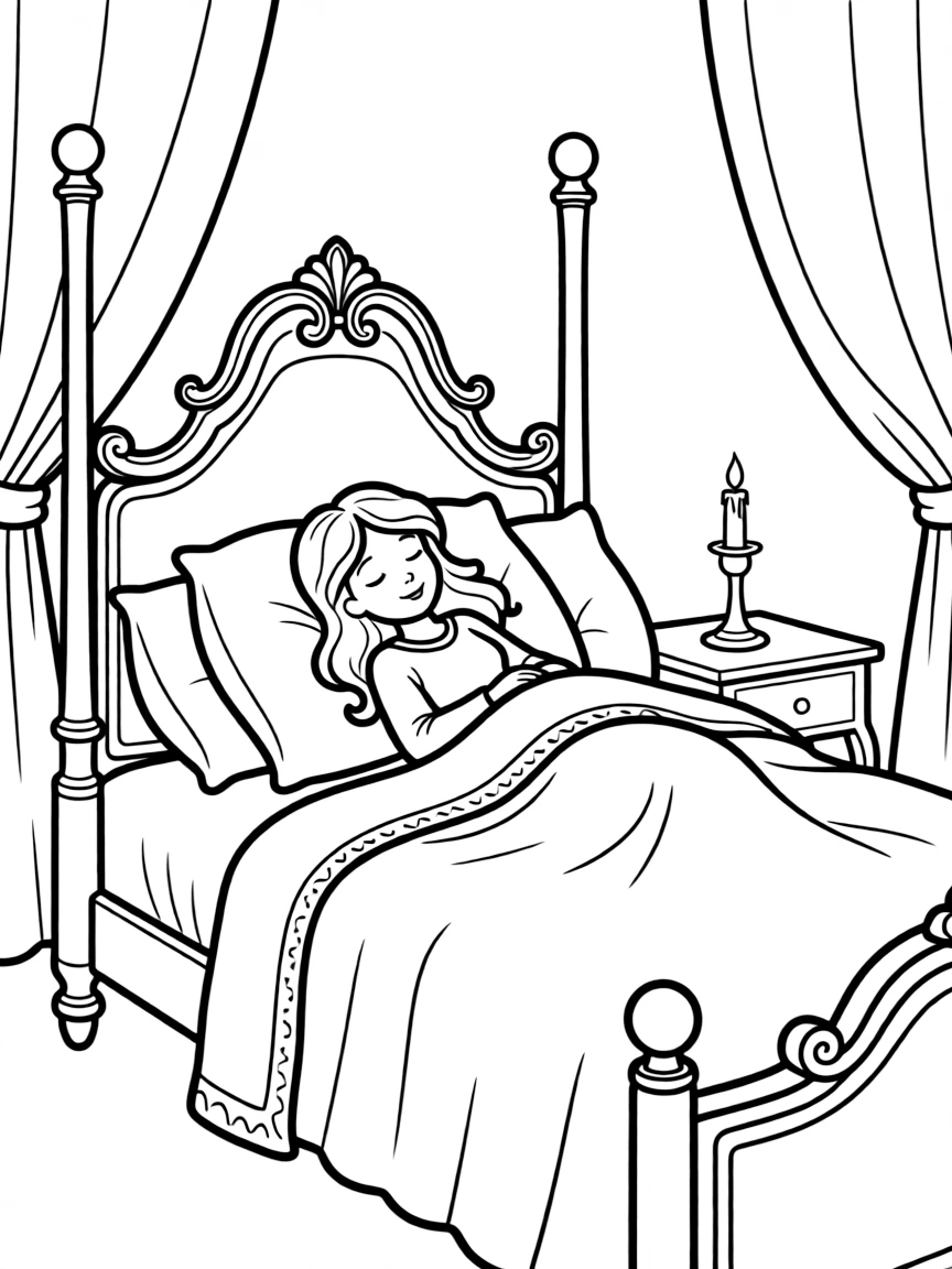 A sleeping beauty in a grand bed.