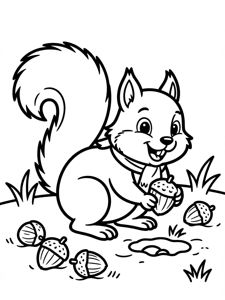 A happy squirrel burying nuts.