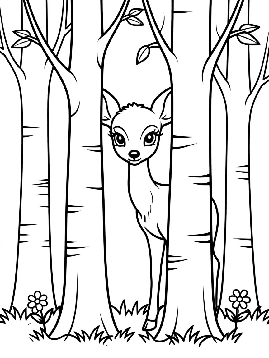 A shy deer peeking through trees.