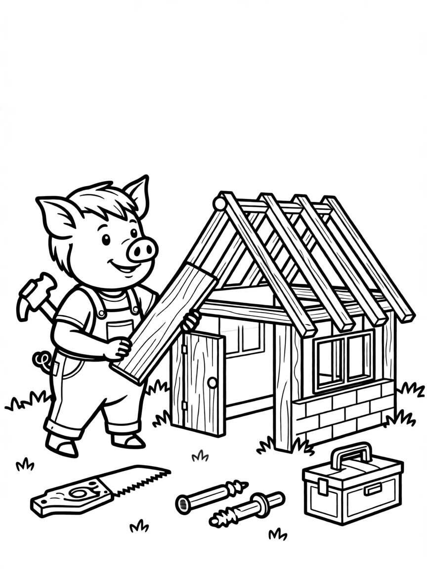 A little pig building a house.