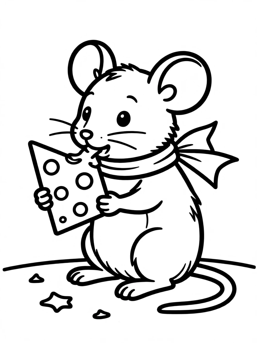 A tiny mouse nibbling cheese.