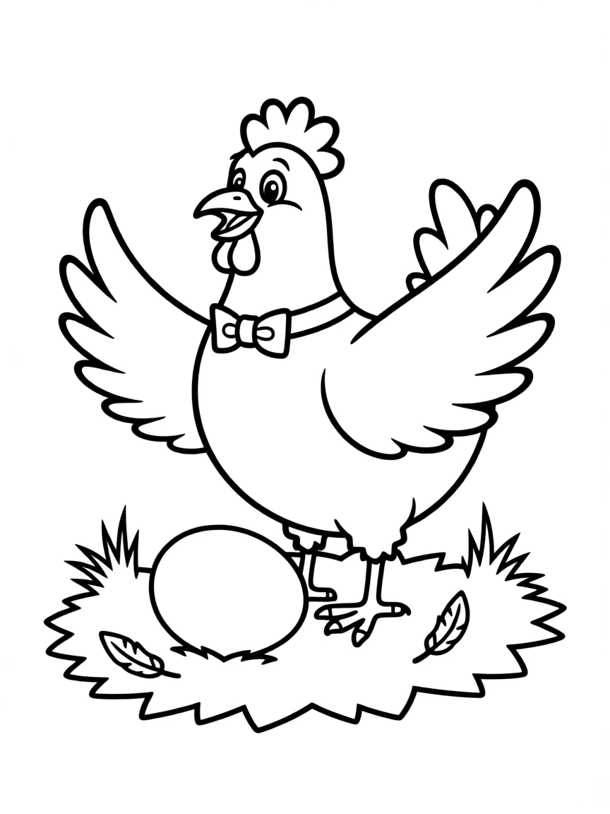 A clucking chicken laying an egg.