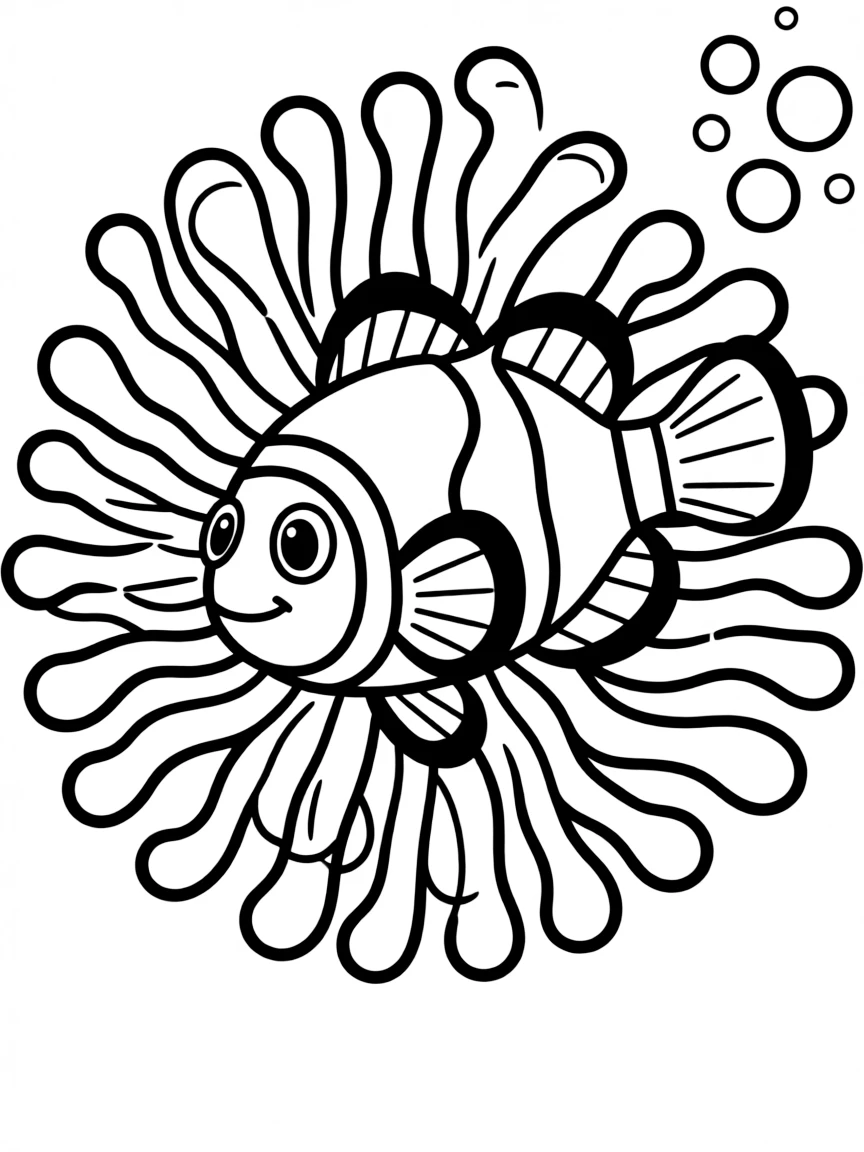 A colorful clownfish in an anemone.