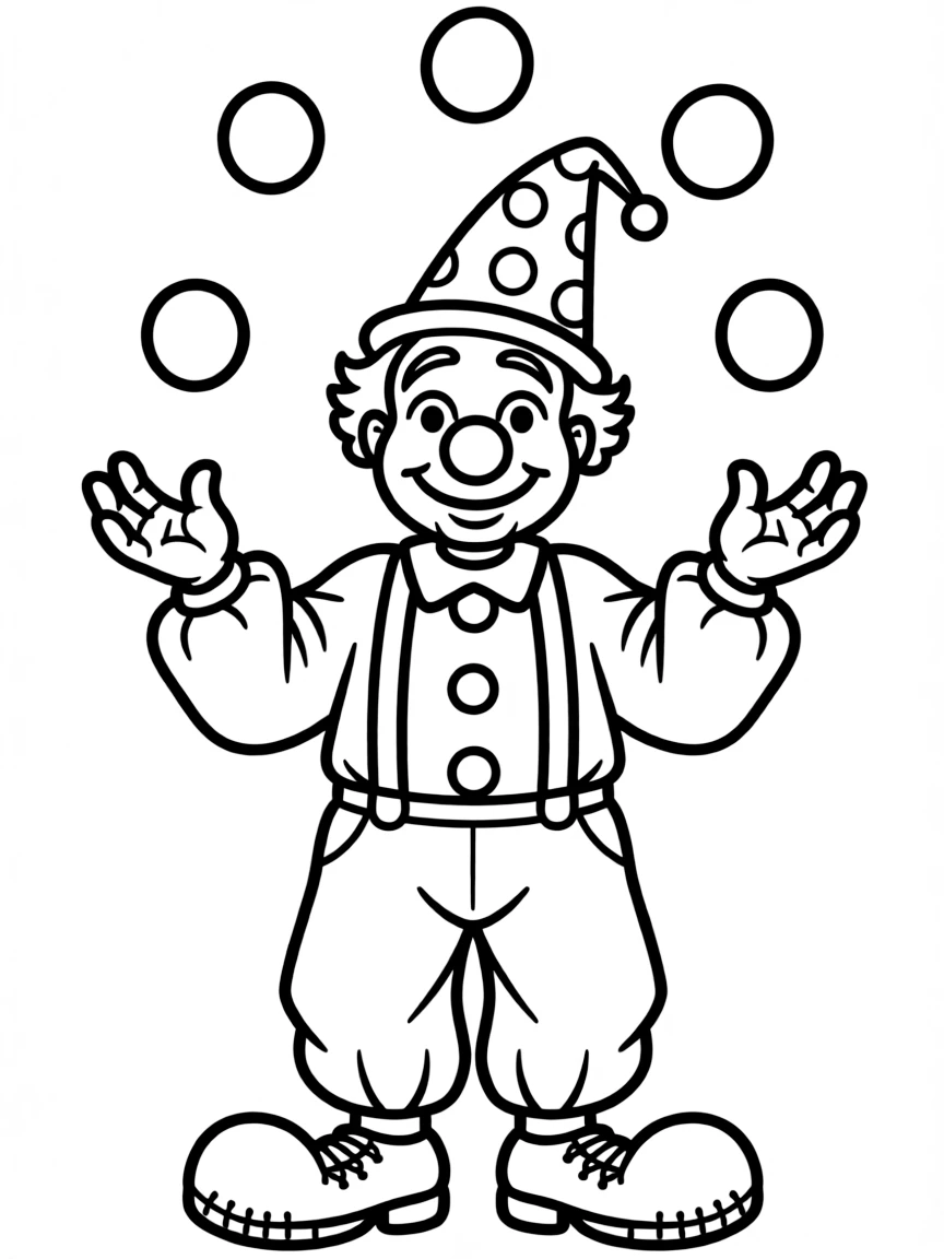 A friendly clown juggling.