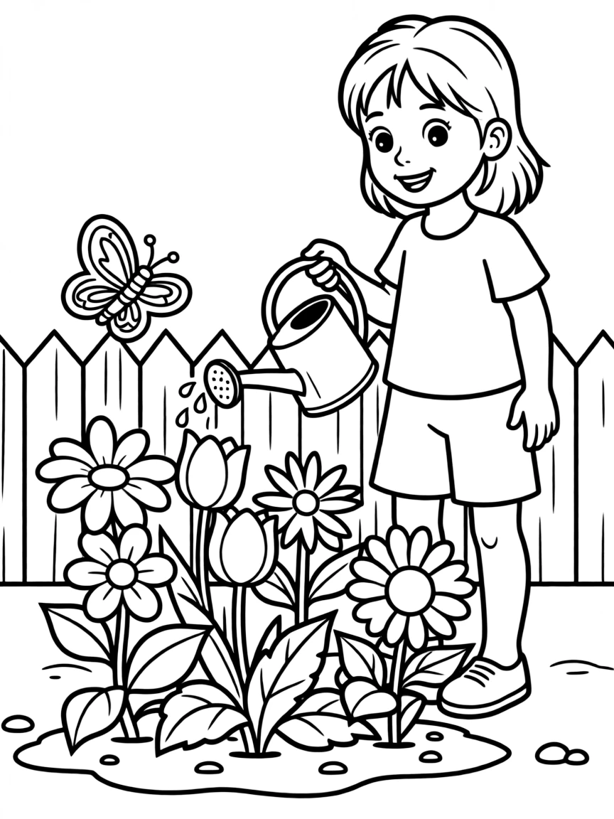 A child watering flowers.