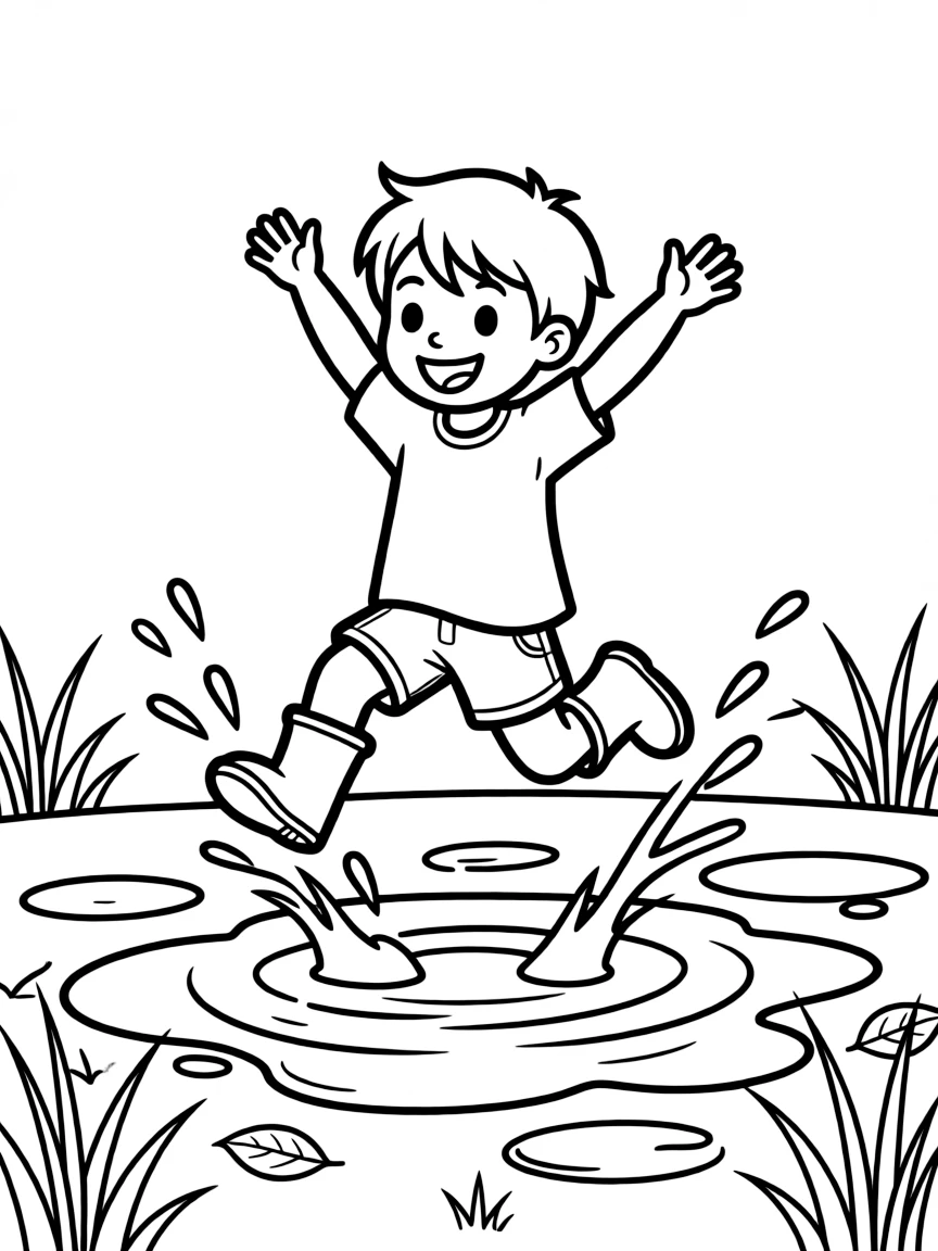 A child jumping in puddles.