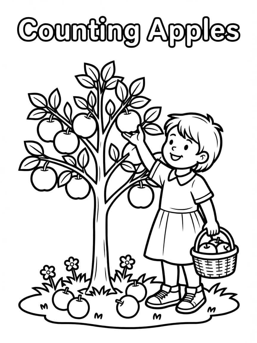 A child counting apples.