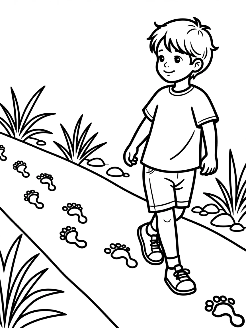 A child following footprints.