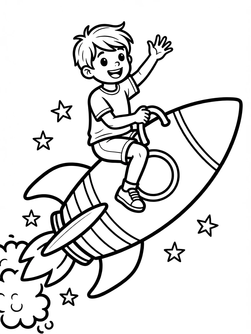 A child riding a rocket.