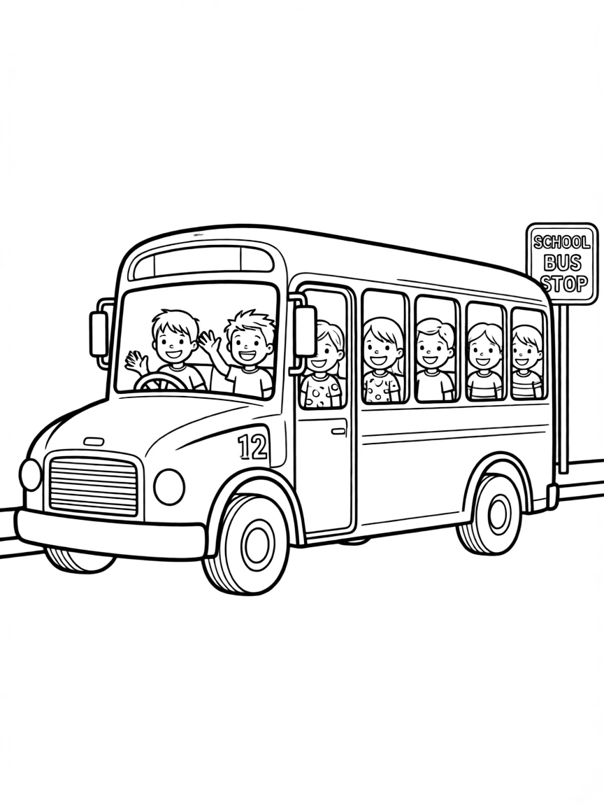 A school bus with happy kids.