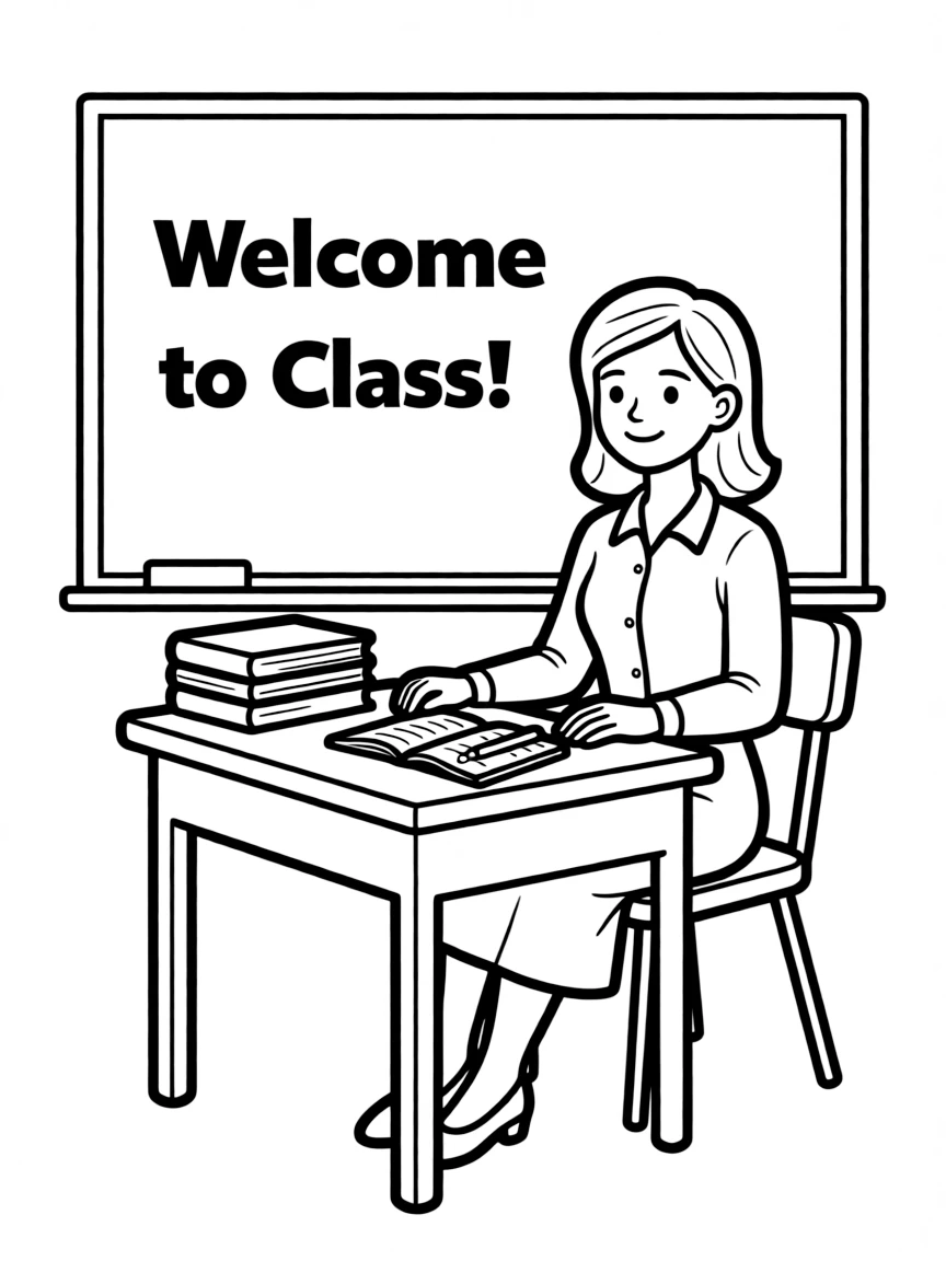 A teacher at a desk.
