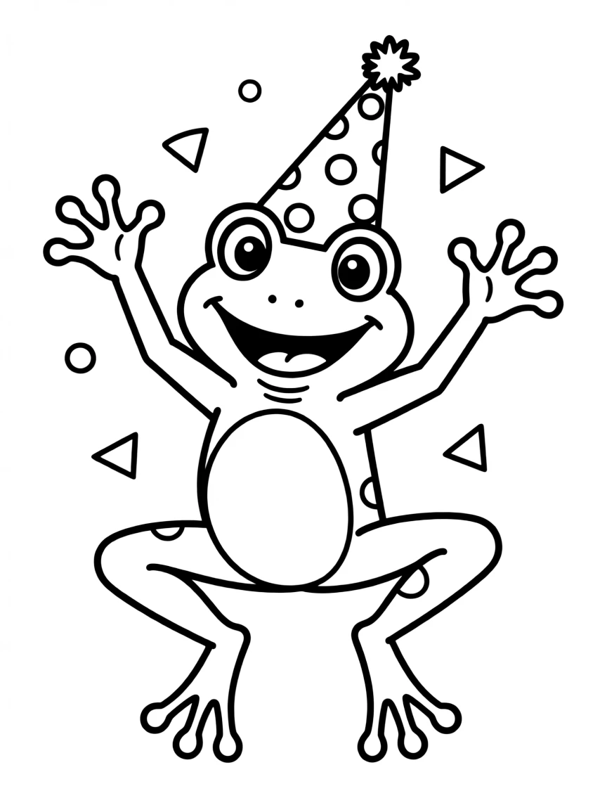A jumping frog wearing a party hat.