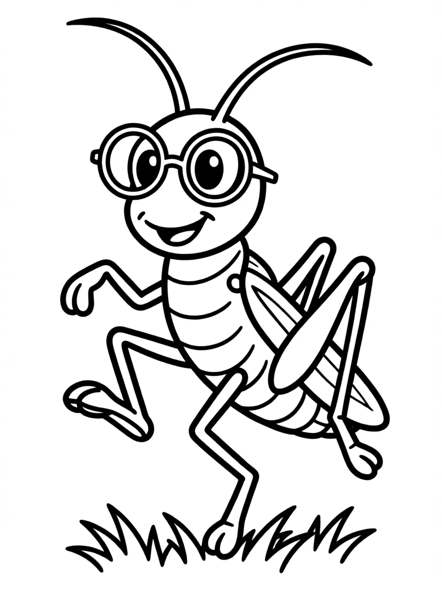 A hopping grasshopper with glasses.