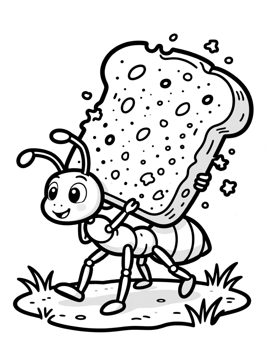 A busy ant carrying a huge crumb.