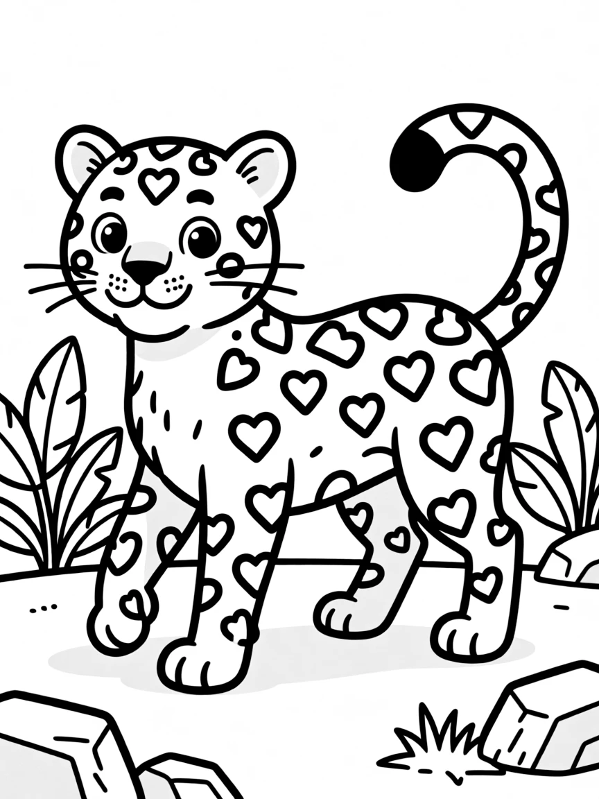A spotted leopard with heart-shaped spots.