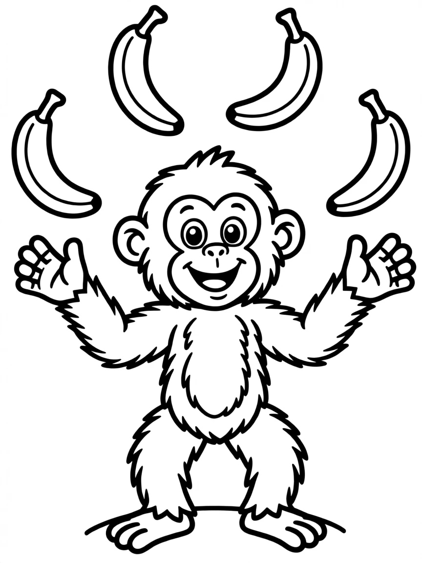 A furry monkey juggling bananas.