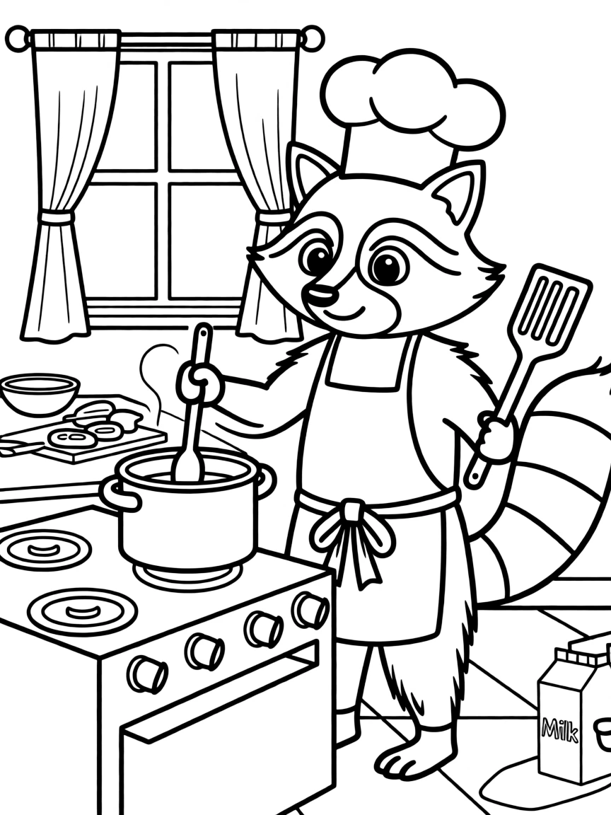 A clever raccoon cooking a meal.