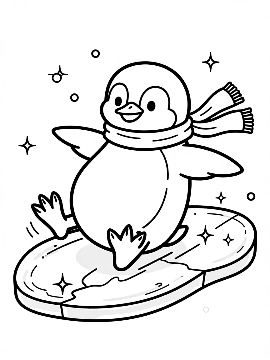 A wobbly penguin sliding on ice.