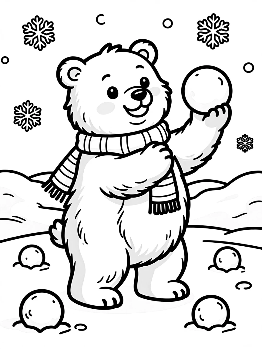 A fluffy polar bear having a snowball fight.