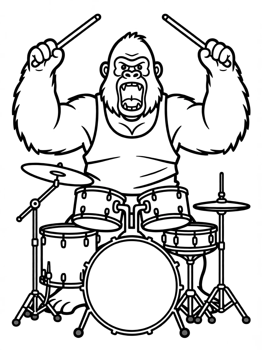 A roaring gorilla playing the drums.