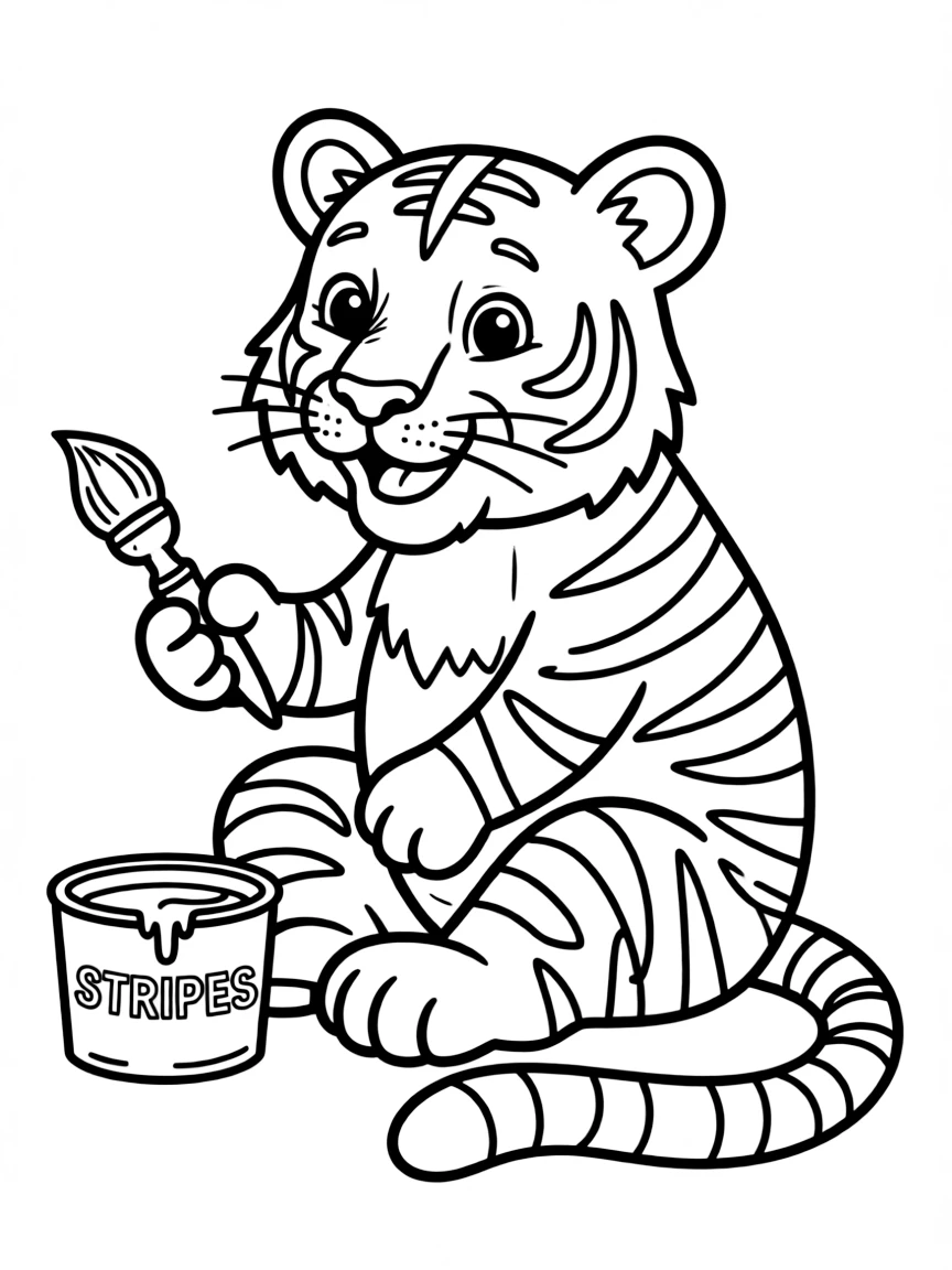 A striped tiger painting stripes.