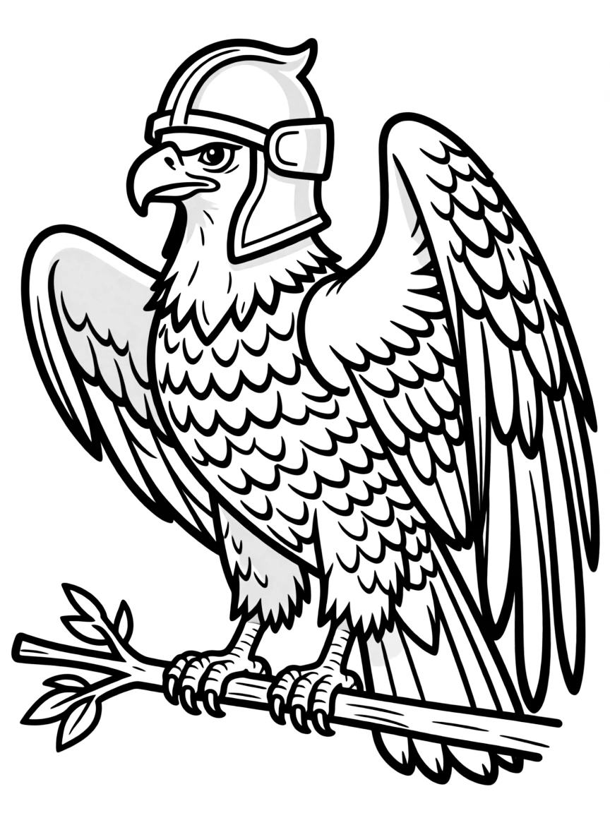 A majestic eagle wearing a knight's helmet.