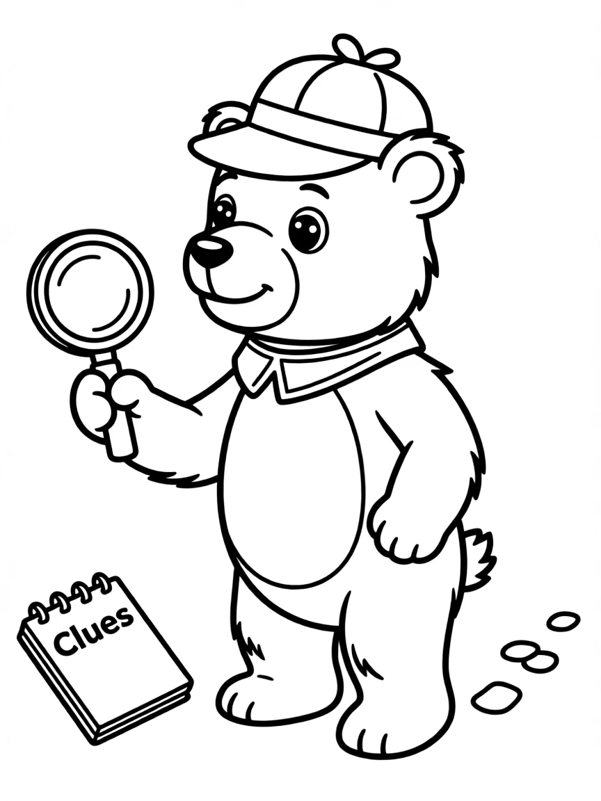 A curious bear wearing a detective hat.