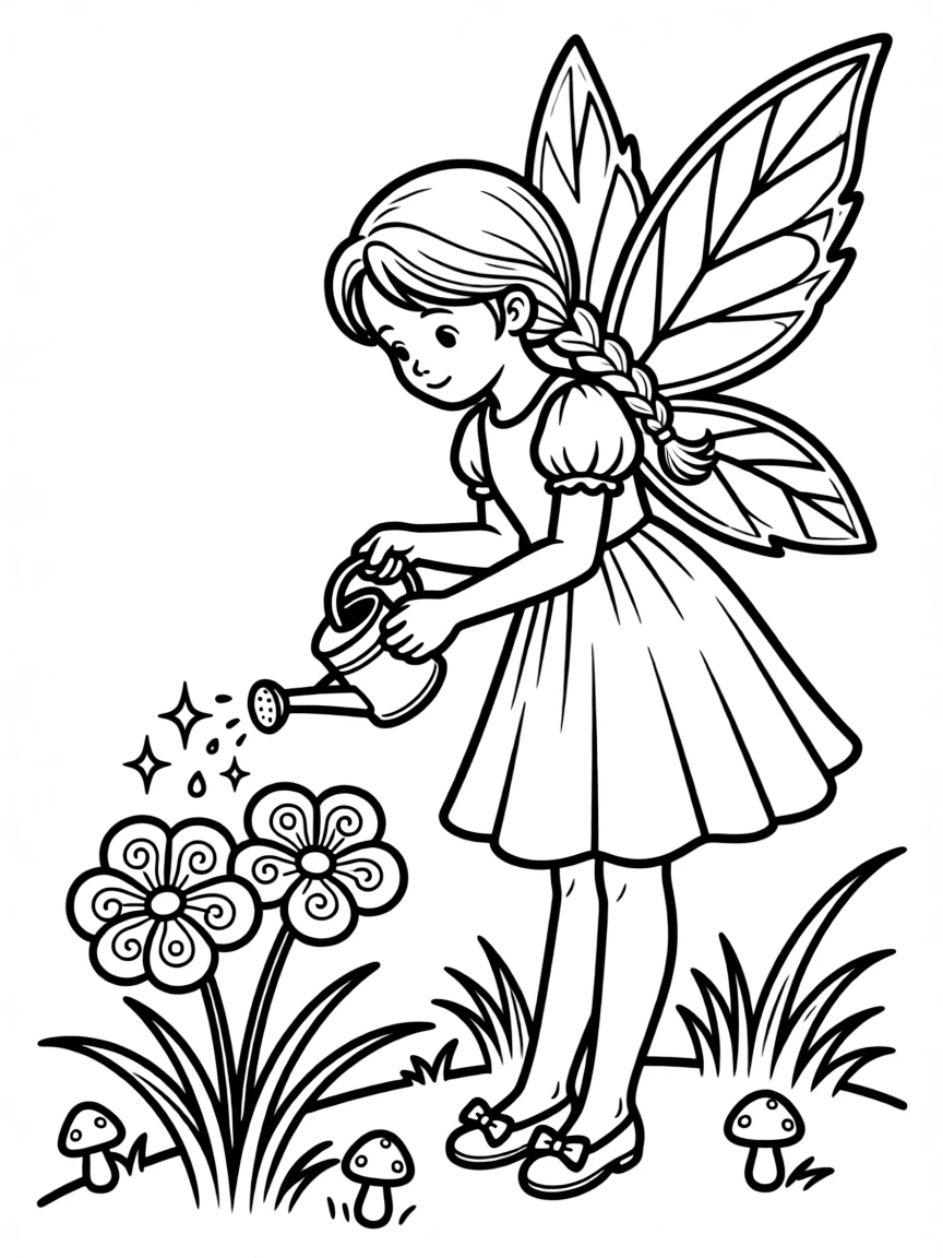 A fairy watering magical flowers.