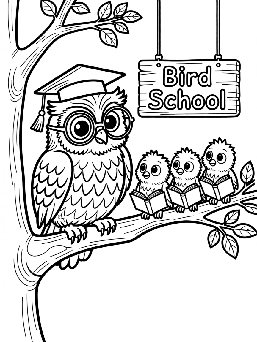A wise owl teaching little birds.