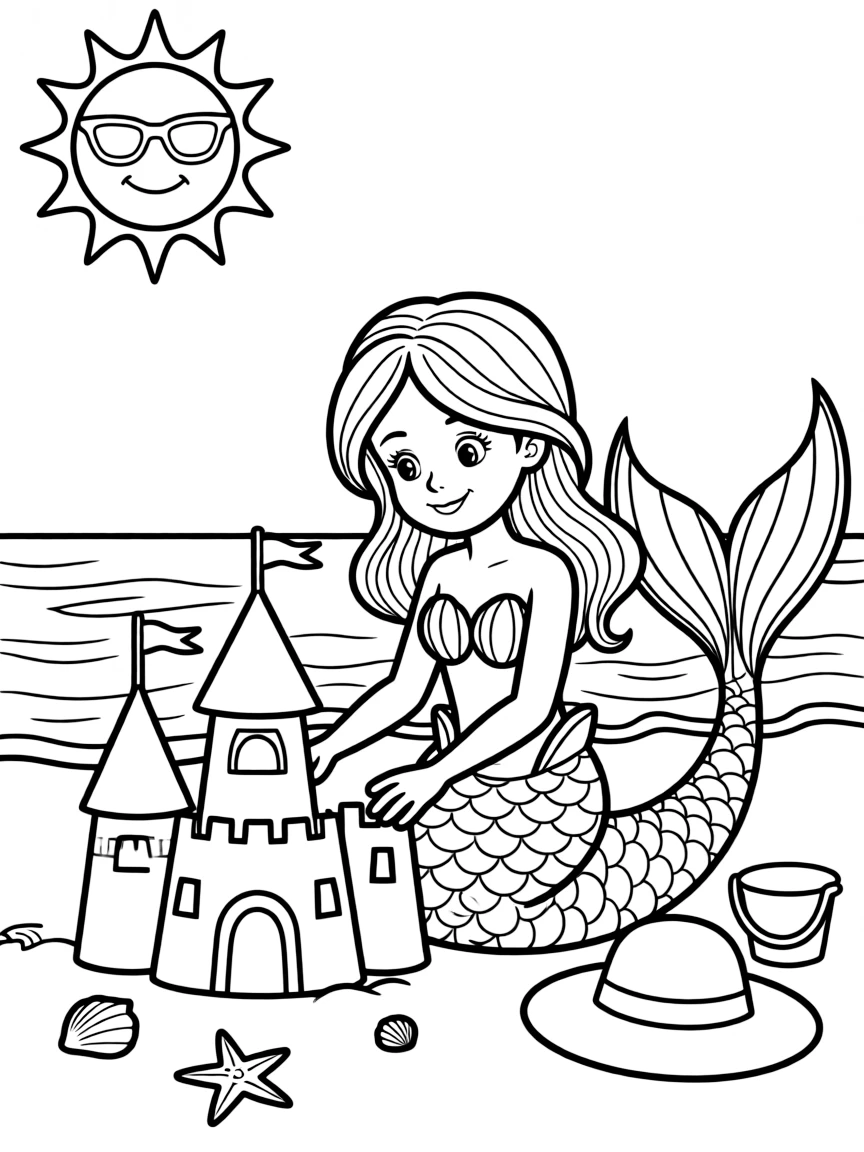 A playful mermaid building a sandcastle.