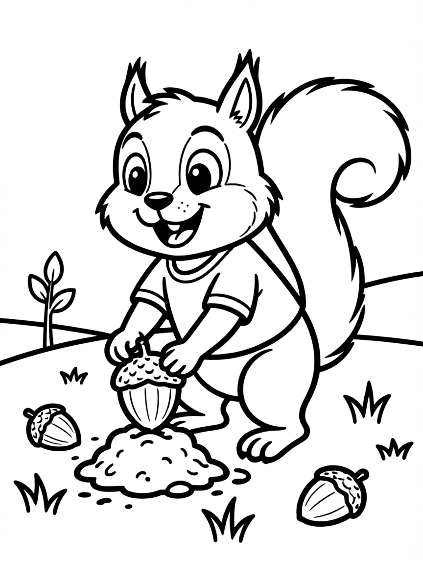 A happy squirrel planting acorns.