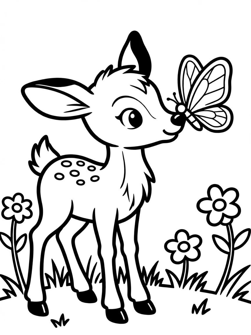 A shy deer making friends with a butterfly.