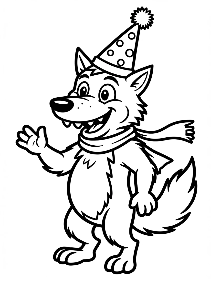 A big bad wolf wearing a party hat.